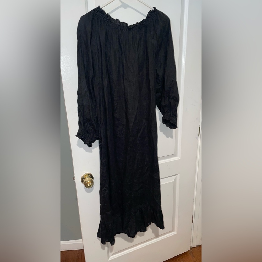 New! Sleeper Caviar Ruffled Off-Shoulder Black Button Front Midi Dress 🖤 OS - Picture 13 of 16